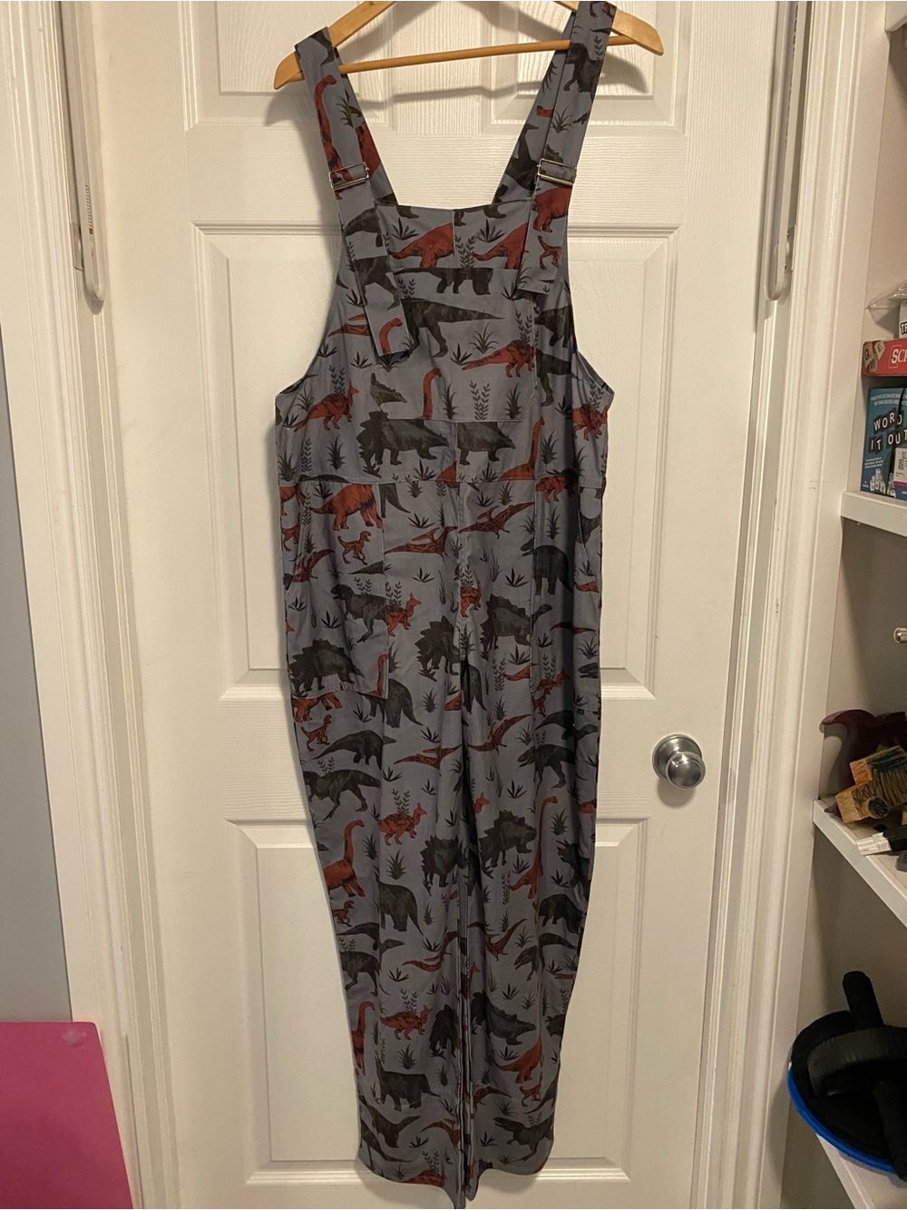 Gray Dinosaur Print Cotton-Blend Overalls Romper